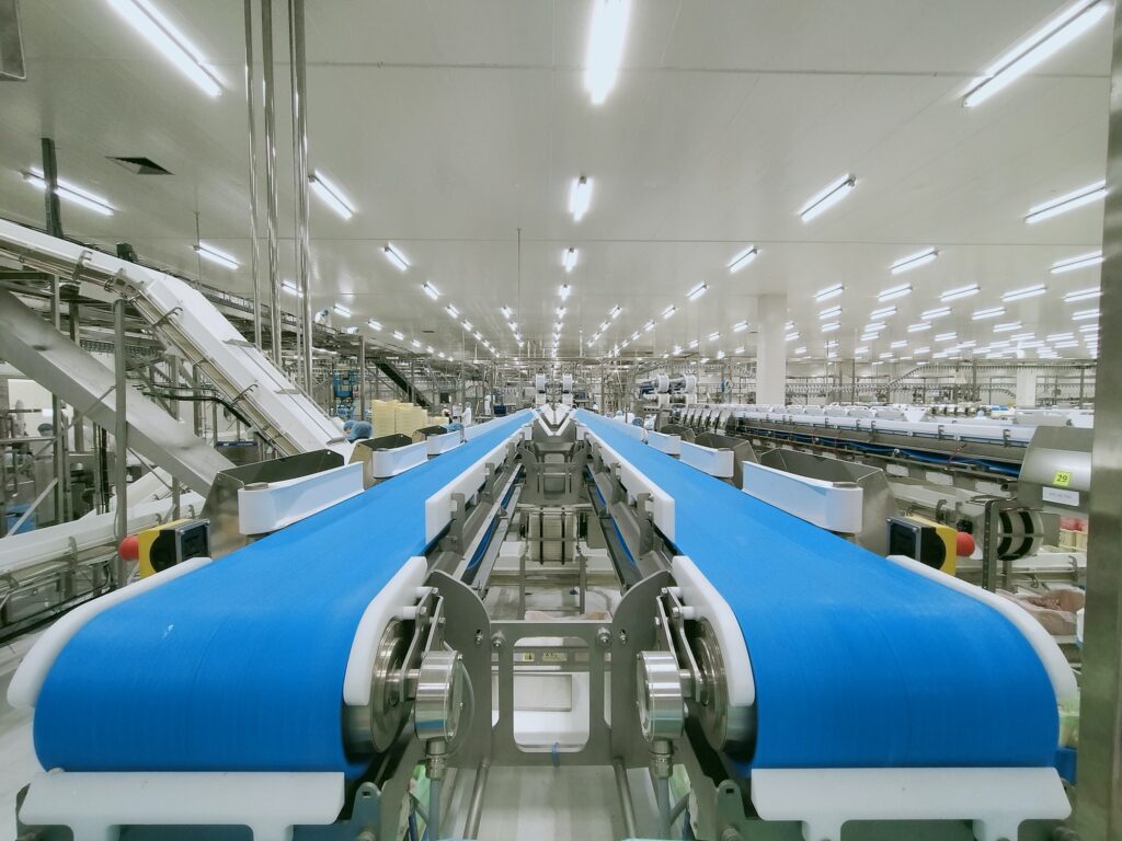 Empty conveyor belt in production line of food processing factory. Poultry processing industry.